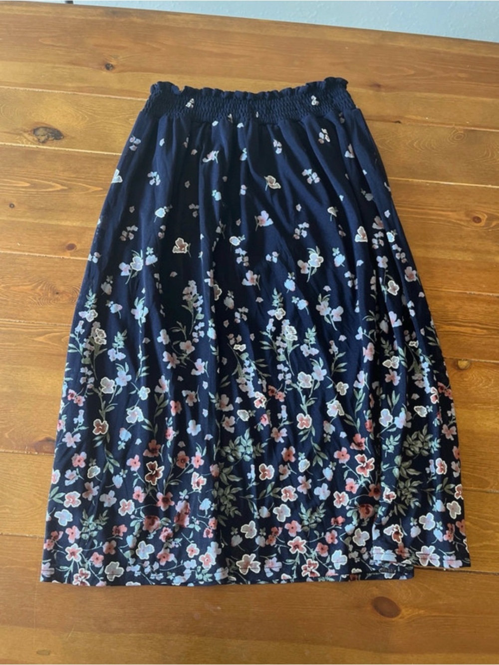 Navy Floral Midi Skirt with Elastic Waistband